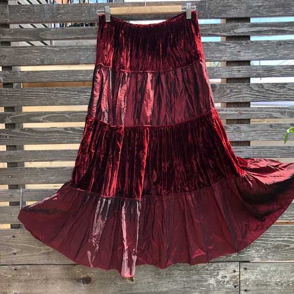 Vintage Dresses & Skirts - Vintage 90s/Y2K Tiered Burgundy Velvet Tafetta Whimsigoth Bohemian Skirt M